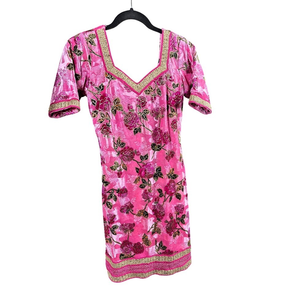 Pink Floral Mini Dress with Gold Trim